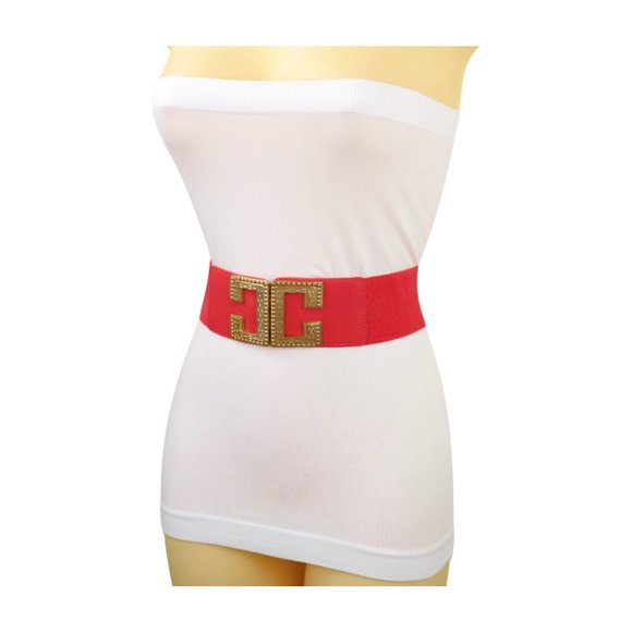 New Women Coral Pink Red Elastic Wide Fashion Belt Gold Metal C Buckle Size S M - Picture 10 of 17